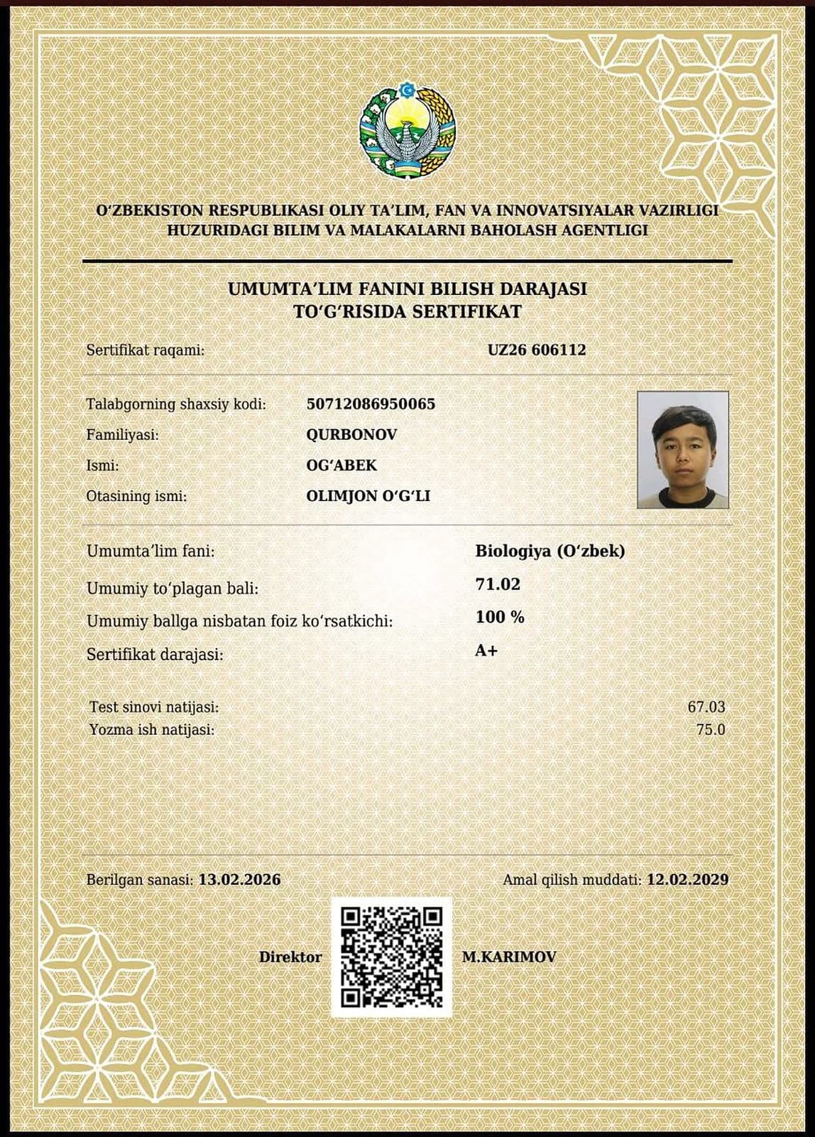 Biologiya fanidan A+ darajali sertifikat
