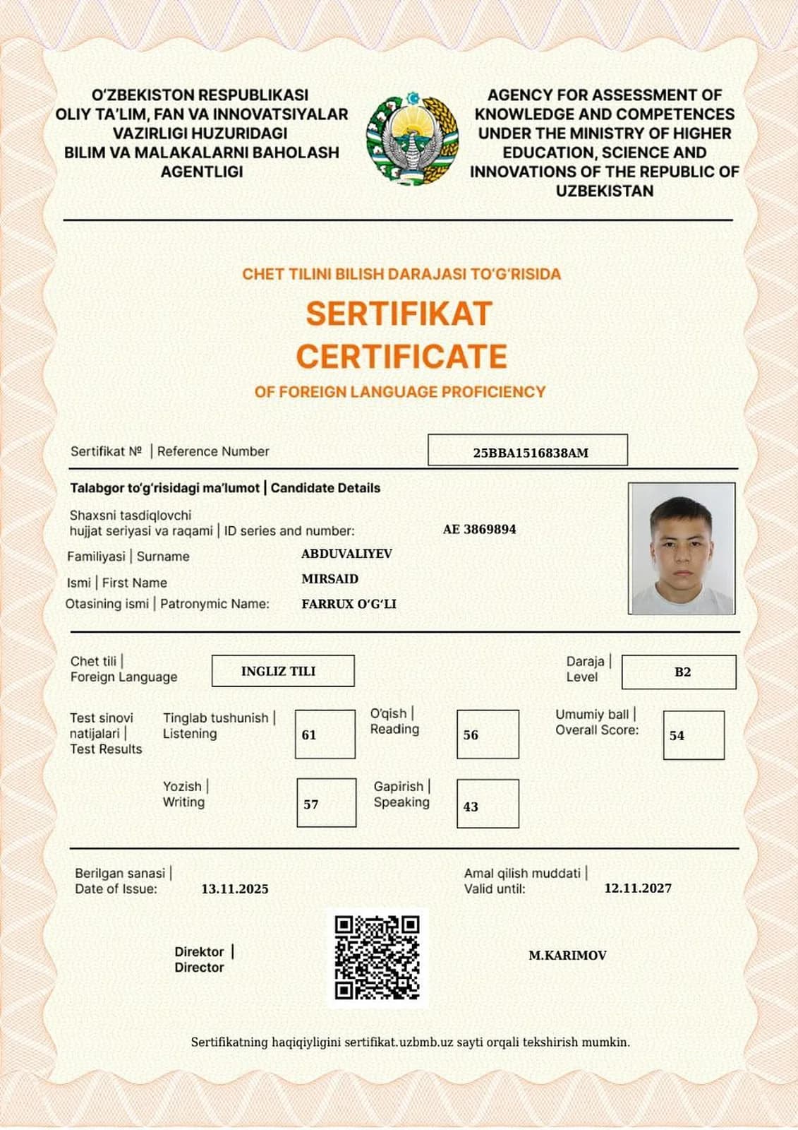Ingliz tili fanidan B2 darajali sertifikat