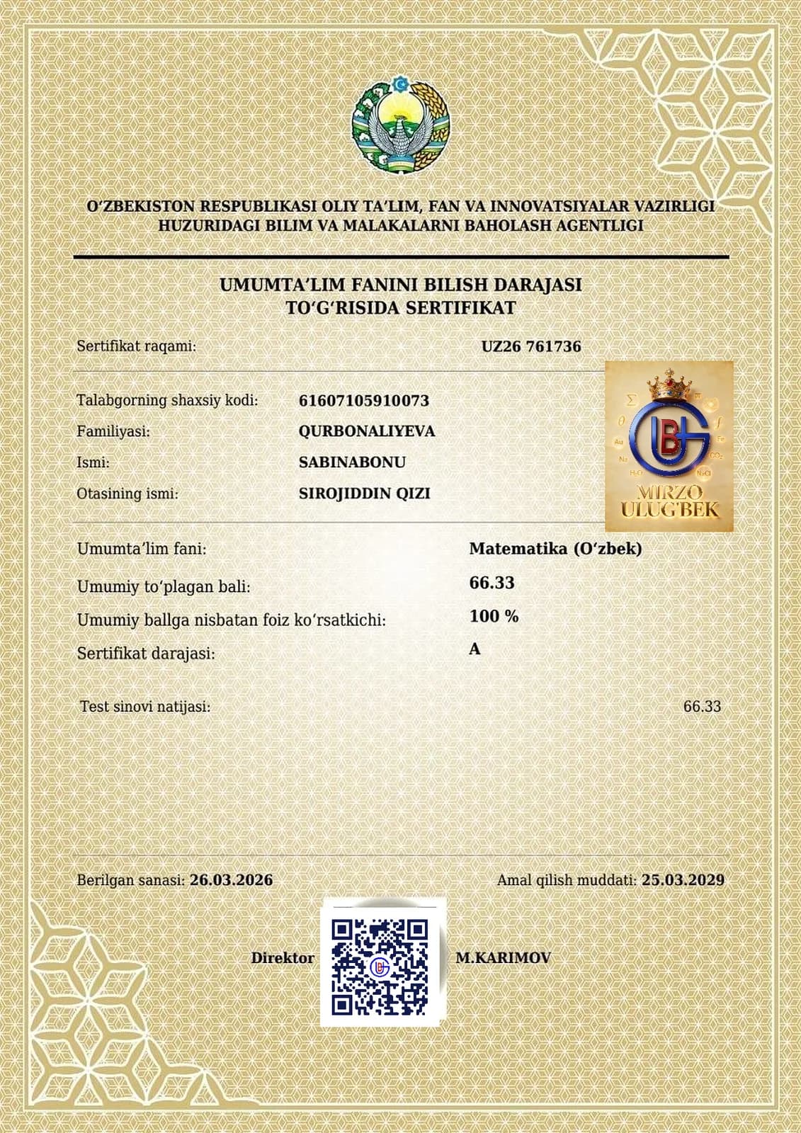 Matematika fanidan A darajali sertifikat