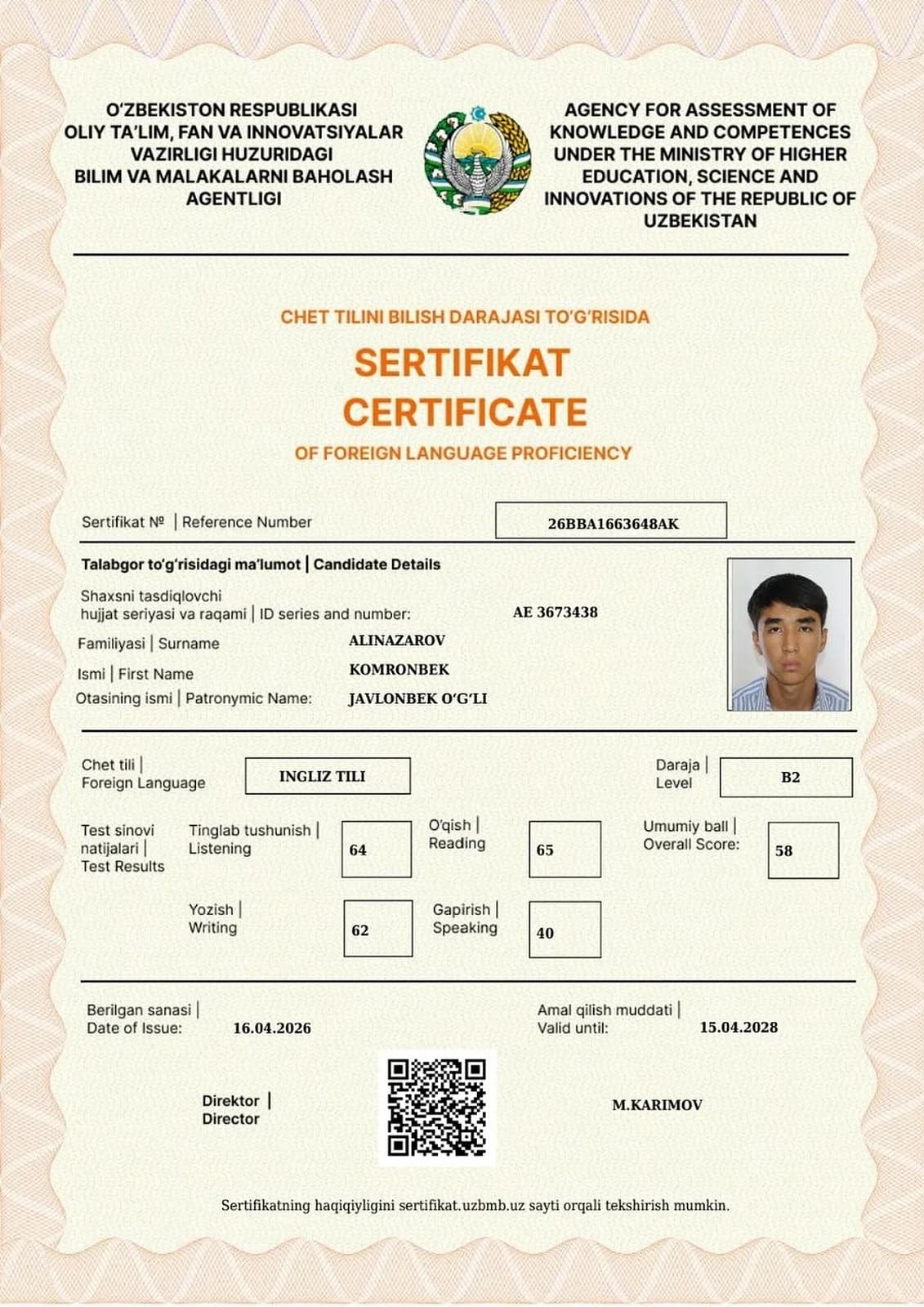 Ingliz tili fanidan B2 darajali sertifikat