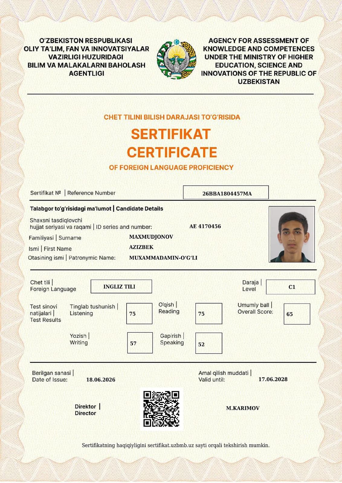 Ingliz tili fanidan C1 darajali sertifikat