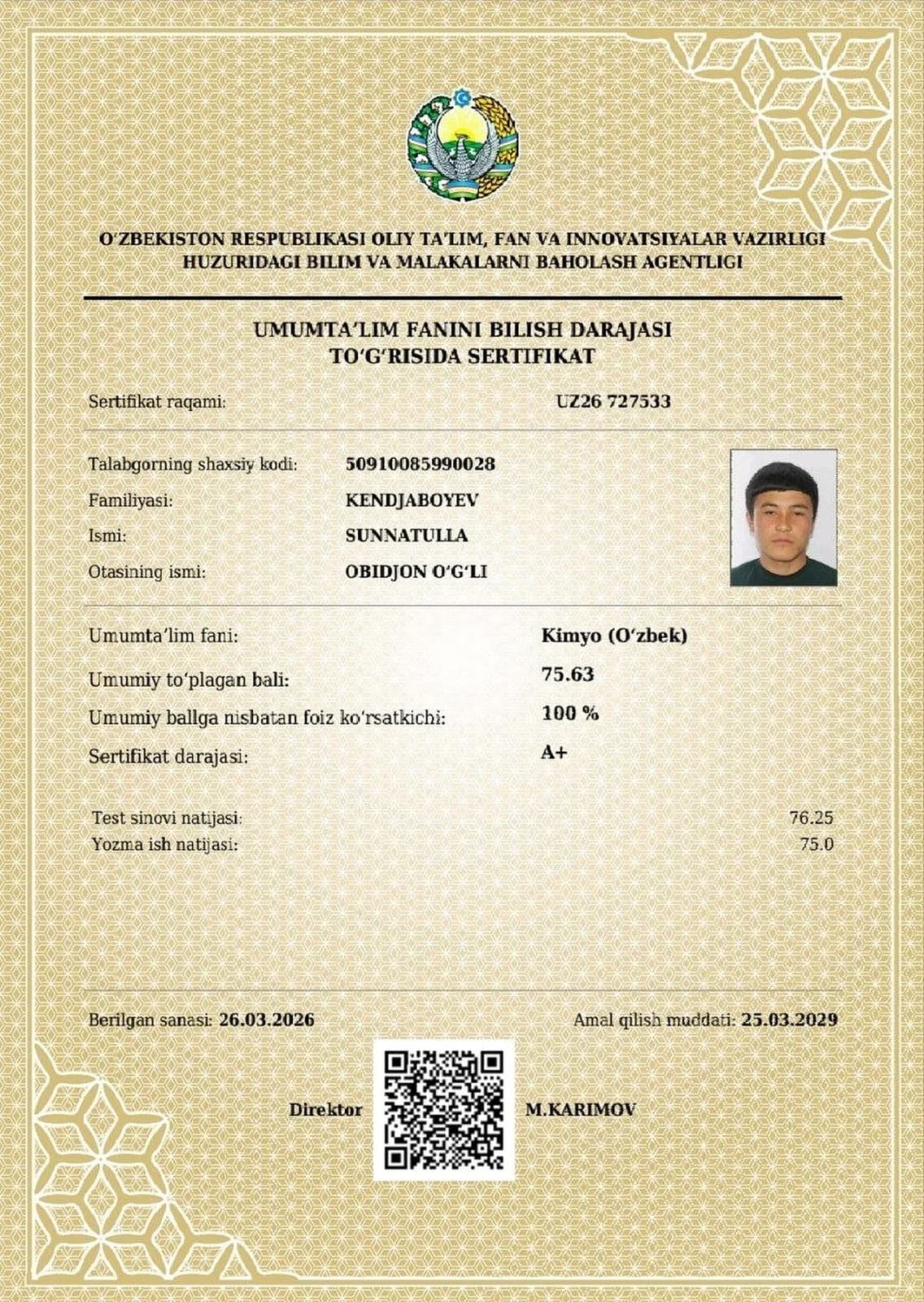 Kimyo fanidan A+ darajali sertifikat
