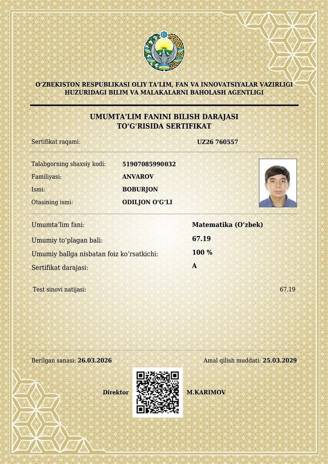 Matematika fanidan A darajali sertifikat
